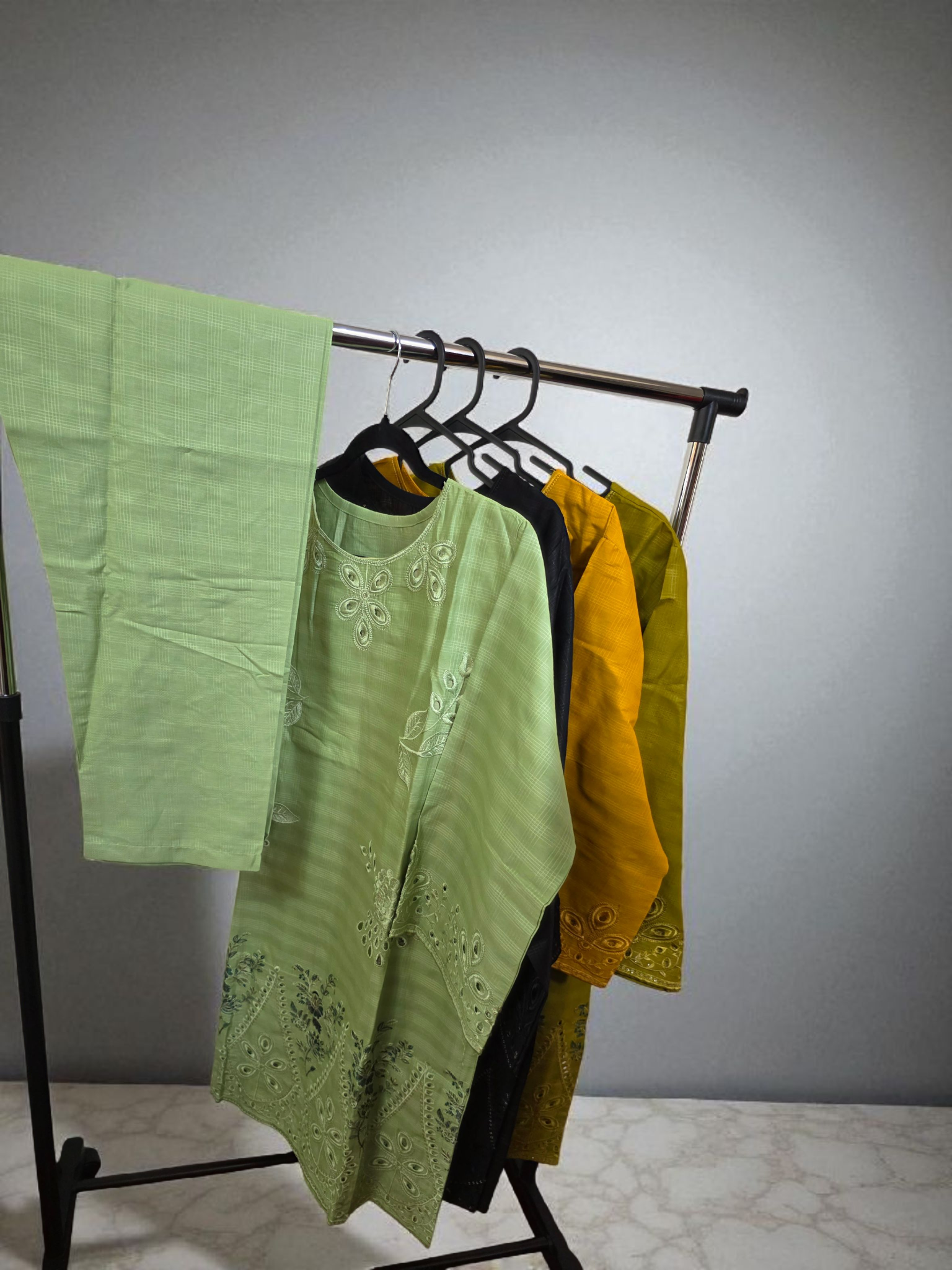 2pc Embroidered coord asian set with plain trousers