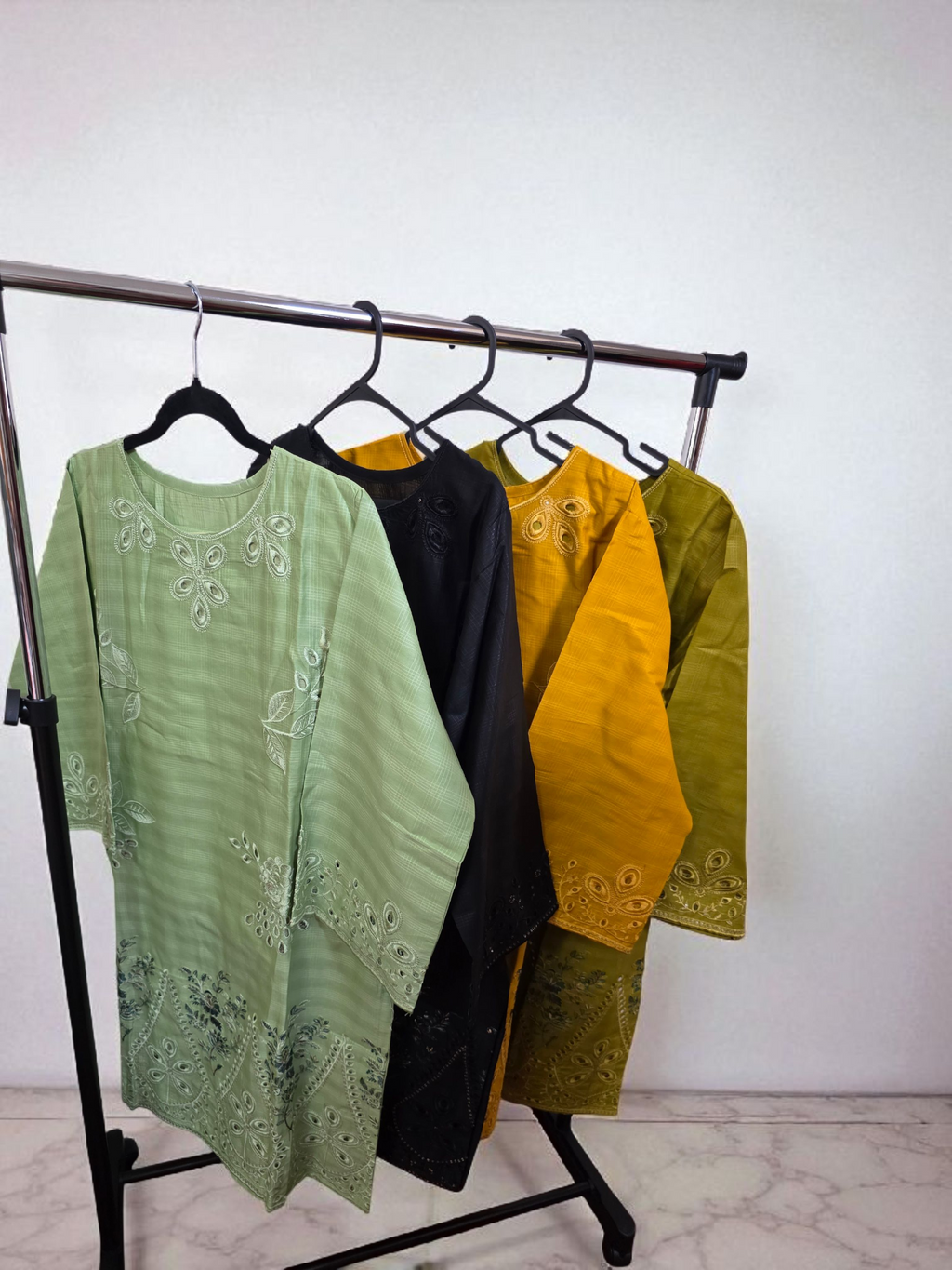 2pc Embroidered coord asian set with plain trousers