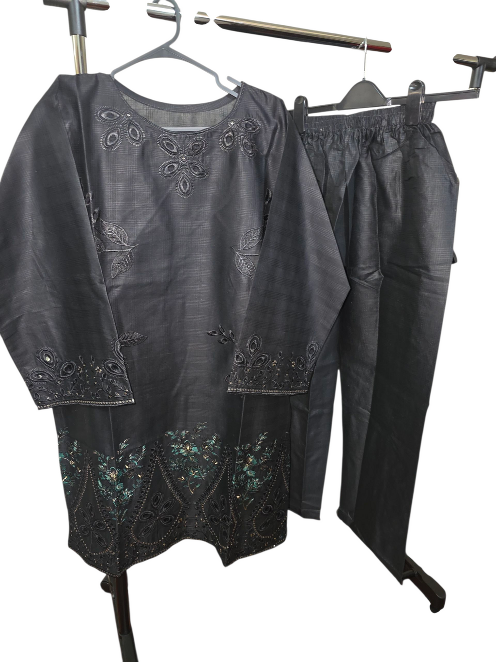 2pc Embroidered coord asian set with plain trousers