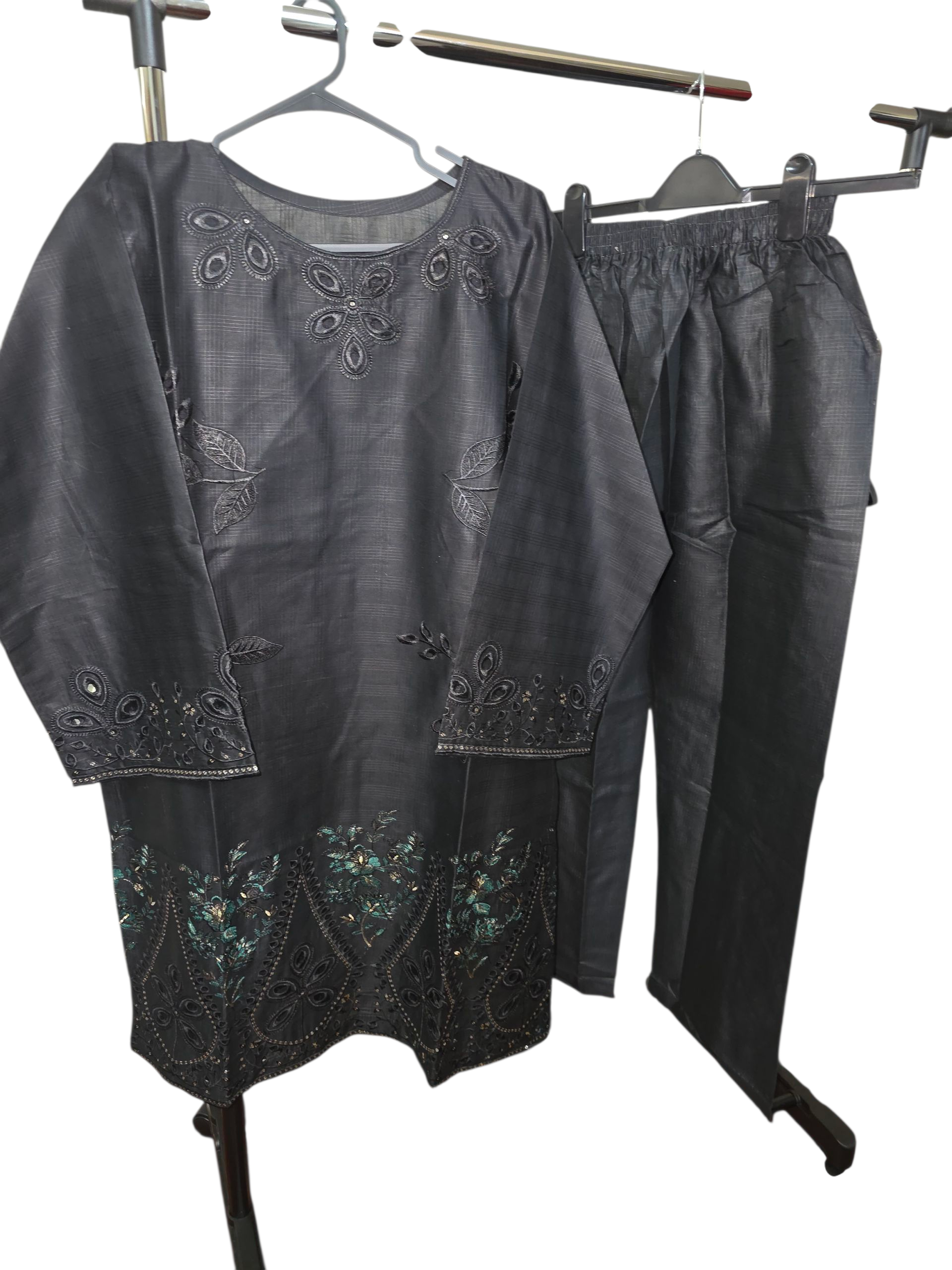 2pc Embroidered coord asian set with plain trousers