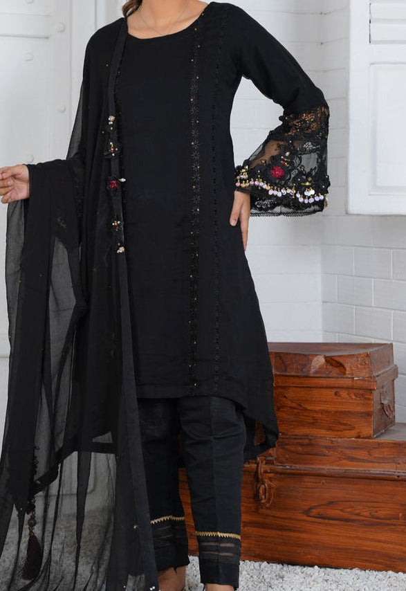 Chiffon Modern Style Frock 3pc suit Black