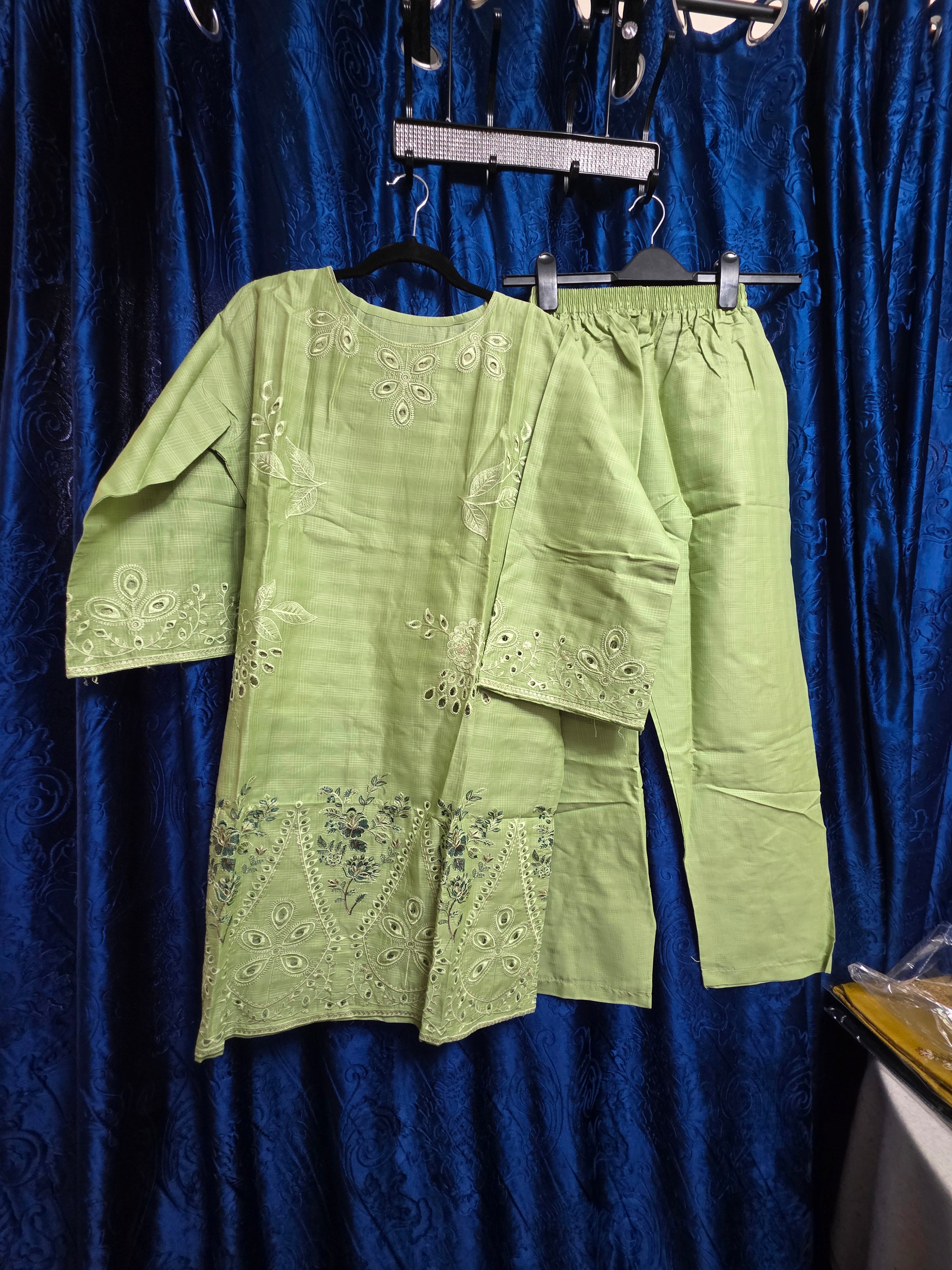 2pc Embroidered coord asian set with plain trousers